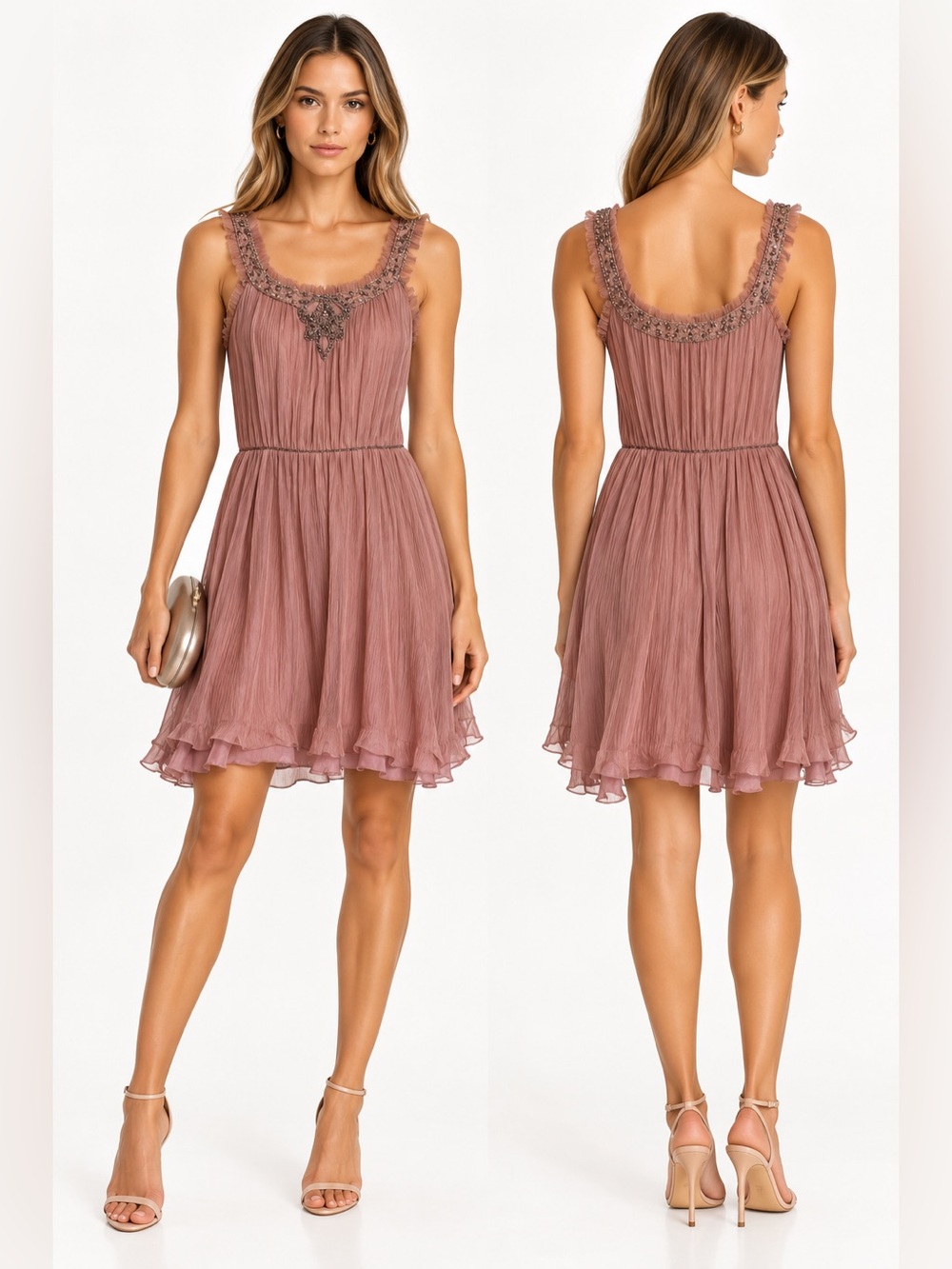 Adolfo Dominguez Costura 100% Silk Dusty Rose Embellished Dress Size 38 small